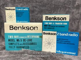 Three vintage boxed Benkson transister radios and two way transister intercom model no. 5 deluxe,