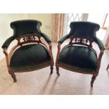 Pair of antique elbow chairs with green upholstery, 57 x 75 x 54cm (collection from private