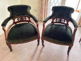 Pair of antique elbow chairs with green upholstery, 57 x 75 x 54cm (collection from private