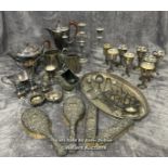 A large collection of antique metal plated items including a three armed candelabra, goblets,