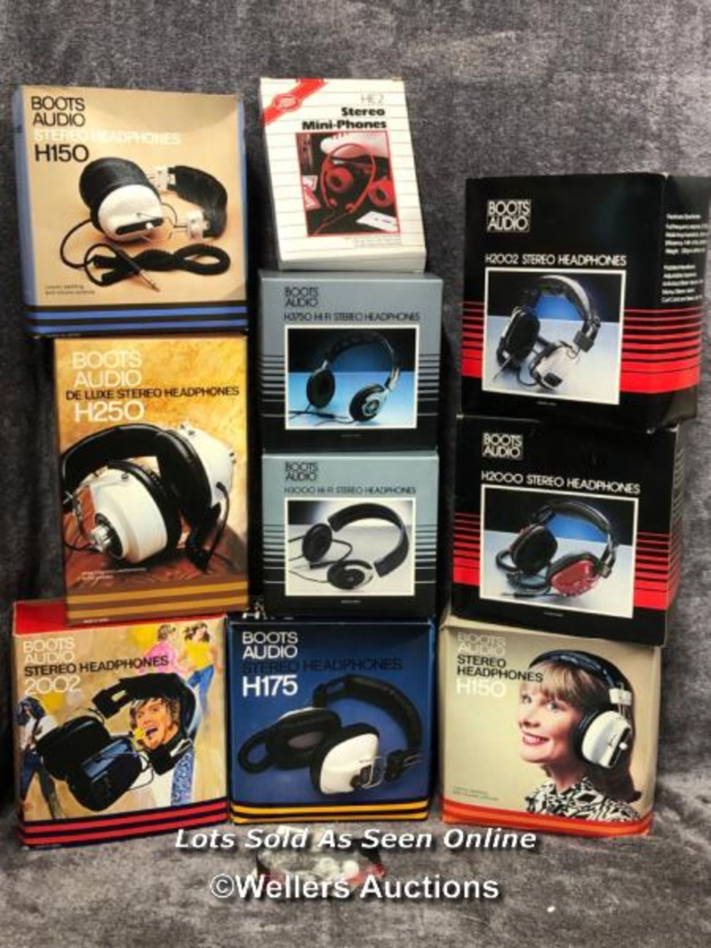 A collection of ten vintage Boots Audio stereo headphones, models include H150, HE2, H2000, H2002