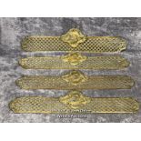Four brass door handle backings with floral centrepiece and edging, 47cm long x 11.5cm wide