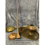 Assorted copper & brass ware including hunting horn, large tray (61.5cm wide), pot and two bed