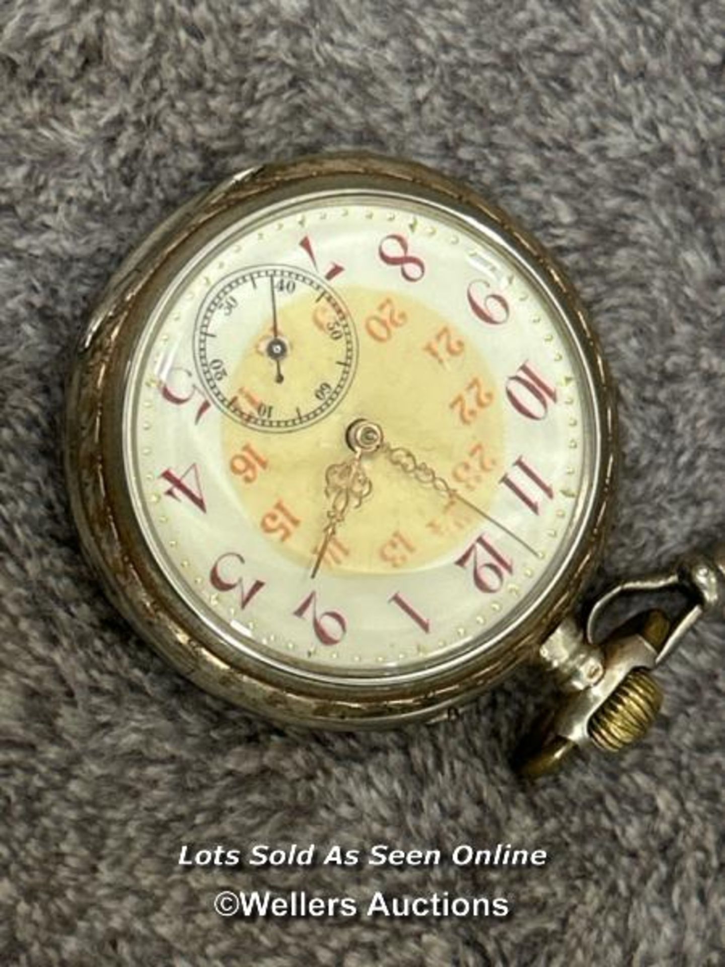 Three open face pocket watches, two with watch chains, a pendant watch on chain, a silver napkin - Image 10 of 13