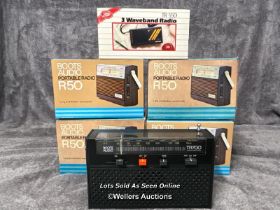 Six vintage 1980's Boots radios including four R50 models, from the private collection of the