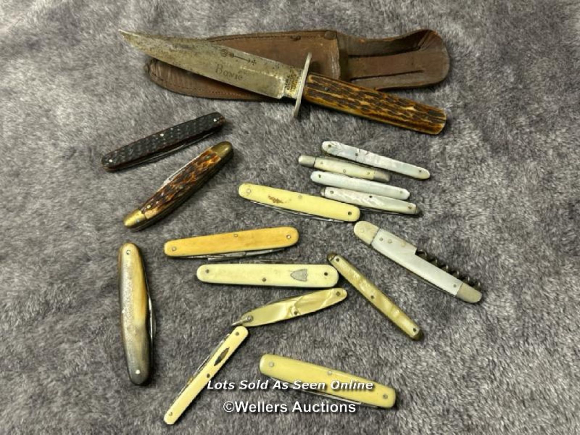 Collection of assorted knives and multi tools including horn handled "Bowie" knife and mother of