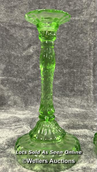 Three green uranium glass candle holders, each 24.5cm high / AN6 - Image 2 of 4