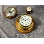Wempe Chronometerwerke Hamburg brass ships clock mounted on wood with key, clock face 11cm diameter,