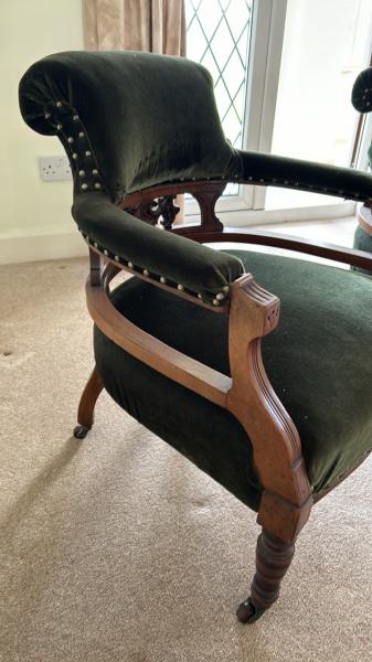 Pair of antique elbow chairs with green upholstery, 57 x 75 x 54cm (collection from private - Image 2 of 6