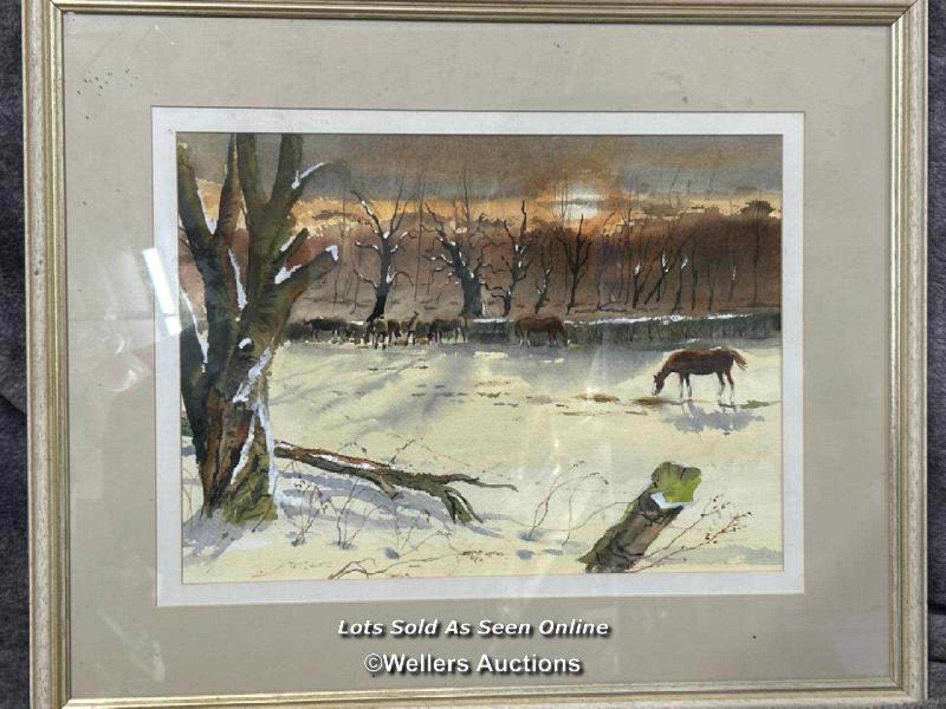 Bernard Bays (1910 - 1994) watercolour depicting Horses at sunrise, unsigned, 35x26cm