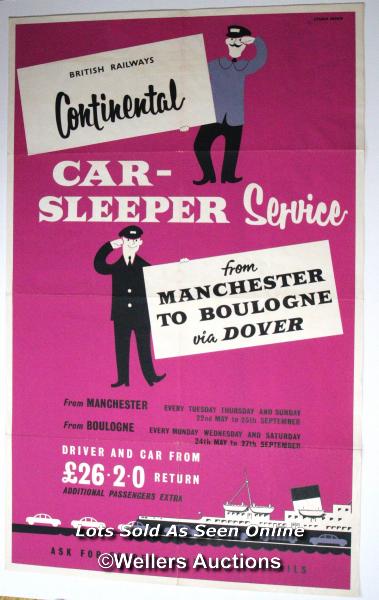 Vintage British Railways poster 'Continental Car Sleeper Service from Manchester to Boulogne via