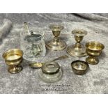 Quantity of silver : A pair of short candlesticks, hallmarked Birmingham 1907, a crystal jam pot