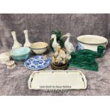Assorted ceramics including Japanese fisherman figurine, Ducks, fish vase, Aynsley vases and trinket