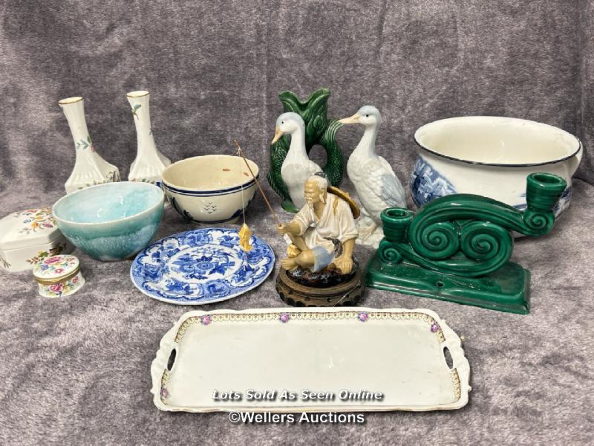 Assorted ceramics including Japanese fisherman figurine, Ducks, fish vase, Aynsley vases and trinket