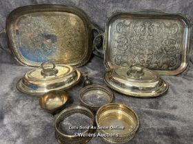 Assorted metalware including two large trays and serving dishes / AN34