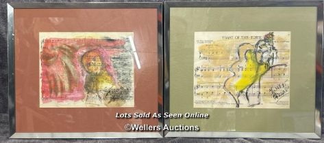 Two framed abstract paintings on sheet music, both 26x21cm