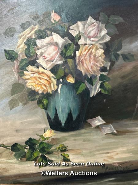 Two still life oil on canvas floral paintings signed M. Mounier Thouret, 36 x 44cm - Image 4 of 6