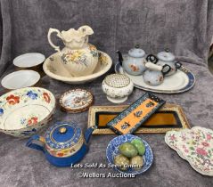 Assorted ceramics including Chapelle Paris teapot, milk jug and sugar bowl, Ironstone wash basin and