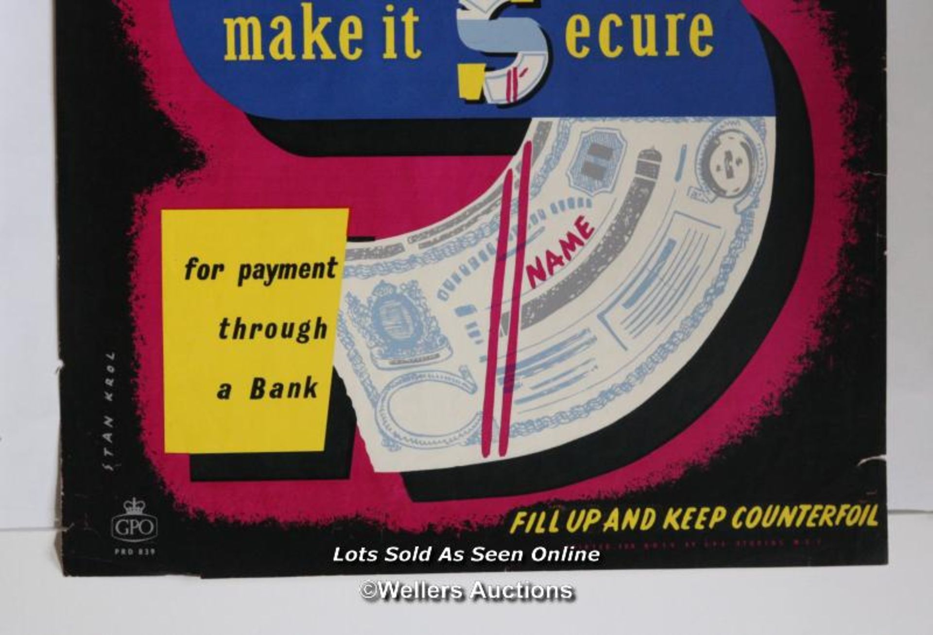 Vintage G.P.O. poster "Before sending postal order make it secure", art by Stan Kroll, c1950's - Image 6 of 9