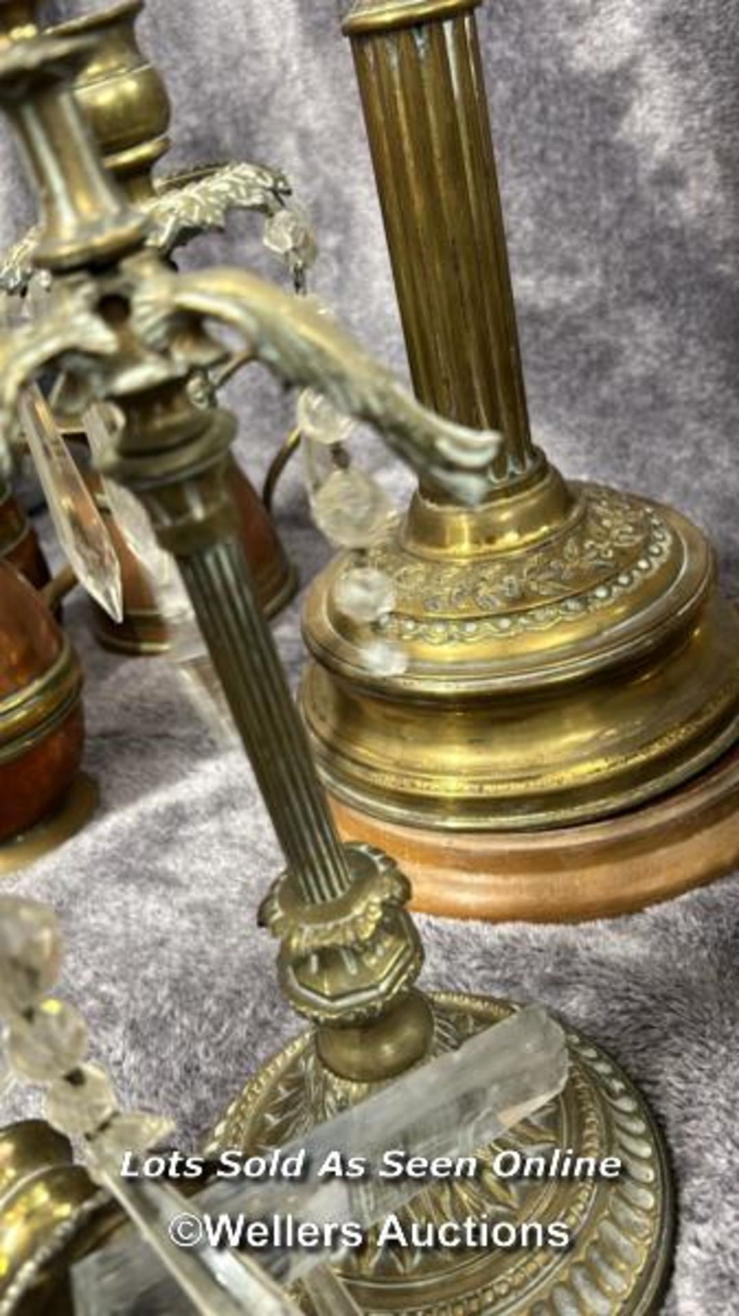 Collection of brass lamps and candle holders including a pair of twisted candle sticks, vintage desk - Image 8 of 10