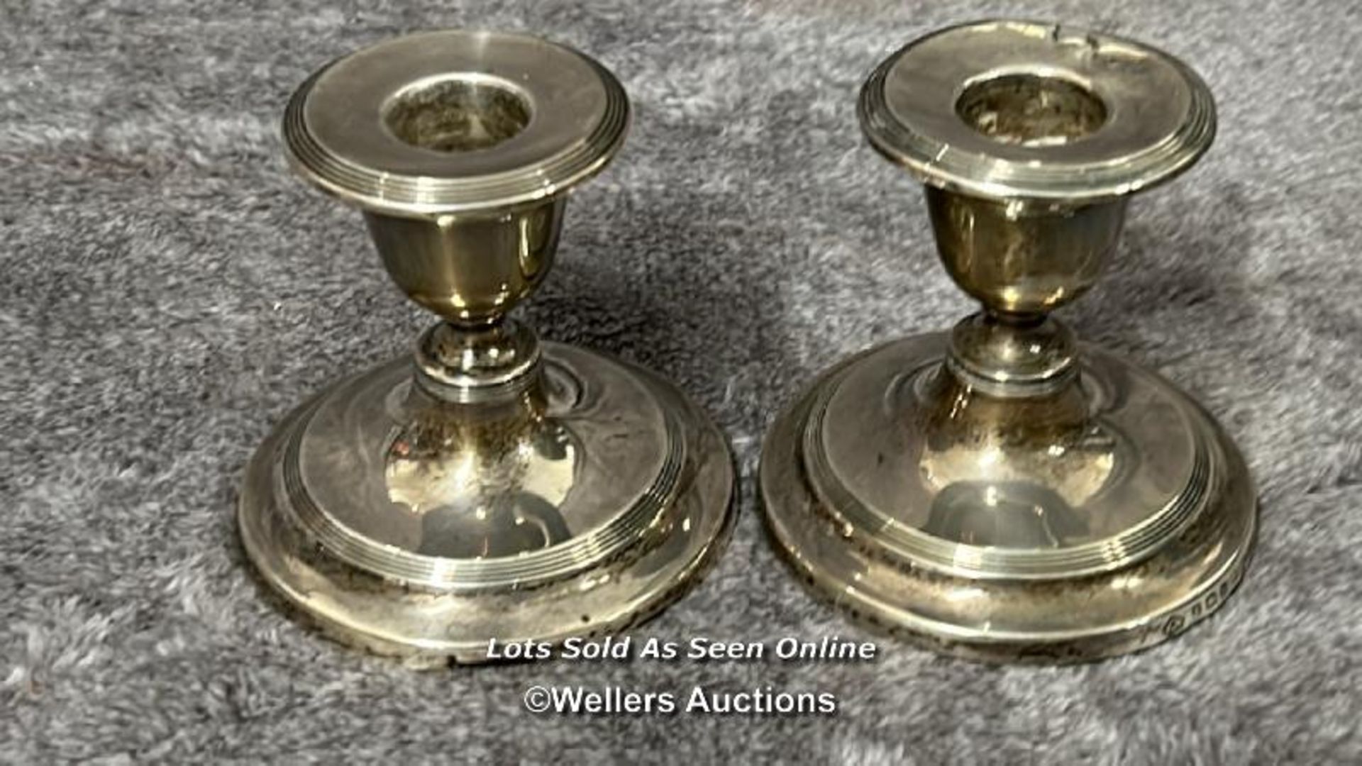 Quantity of silver : A pair of short candlesticks, hallmarked Birmingham 1907, a crystal jam pot - Image 2 of 12