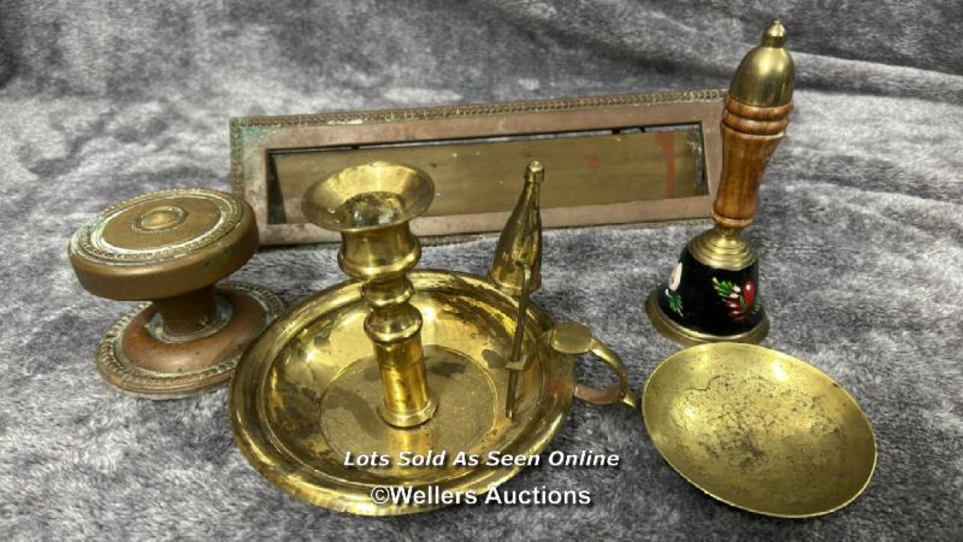 Assorted mainly brass items including candle holders, letter box, bell and door knob with a metal - Image 7 of 9