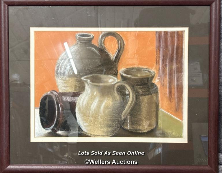 Still life pastel drawing of earthware, signed indistinctly, 37x26.5cm