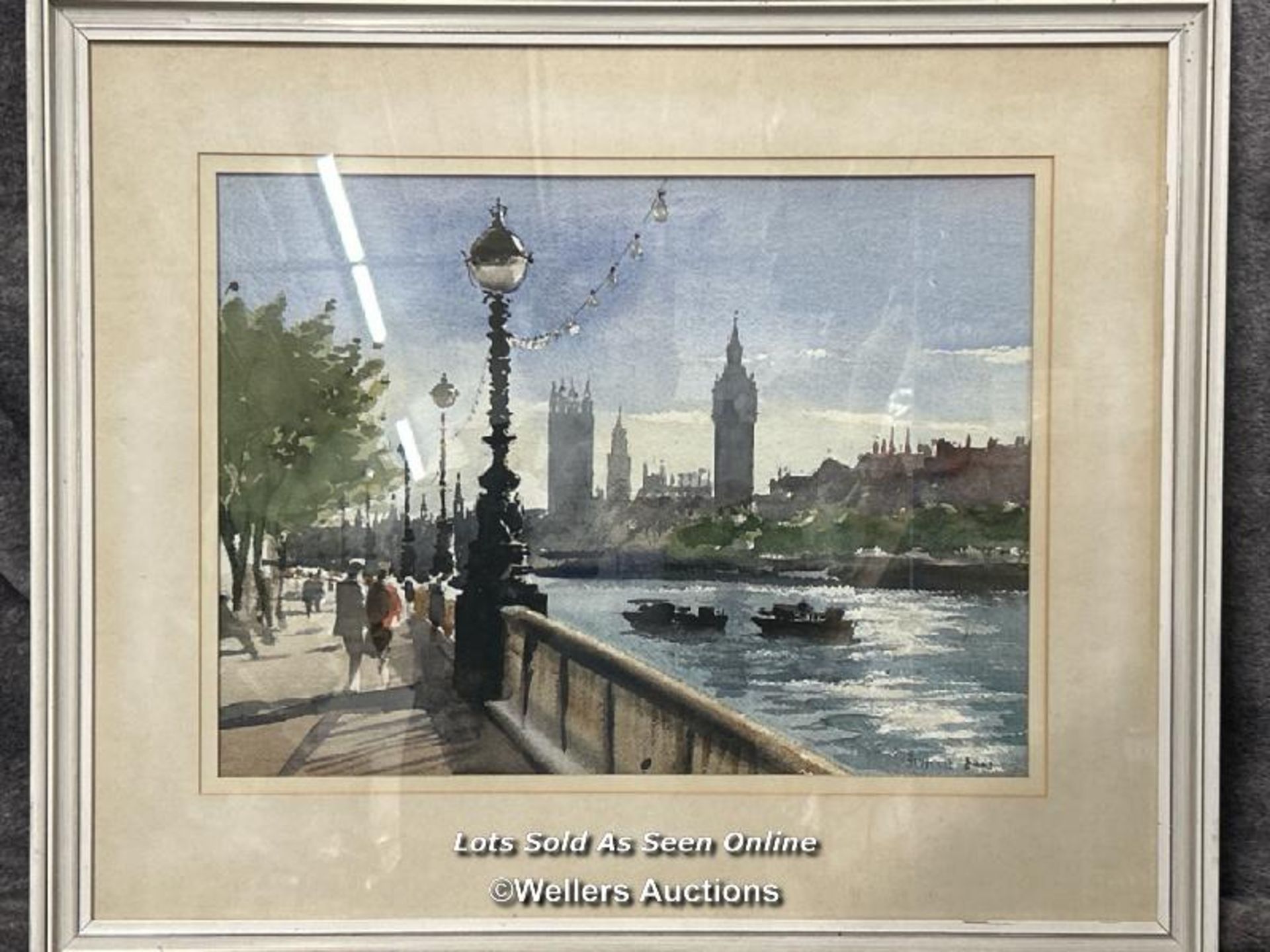 Bernard Bays (1910-1994) watercolour of London over looking the Thames, signed, 42x31cm