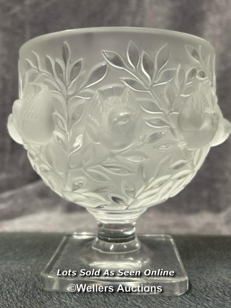Lalique France 'Elizabeth' frosted crystal vase decorated with birds and vines, 13.5cm high,