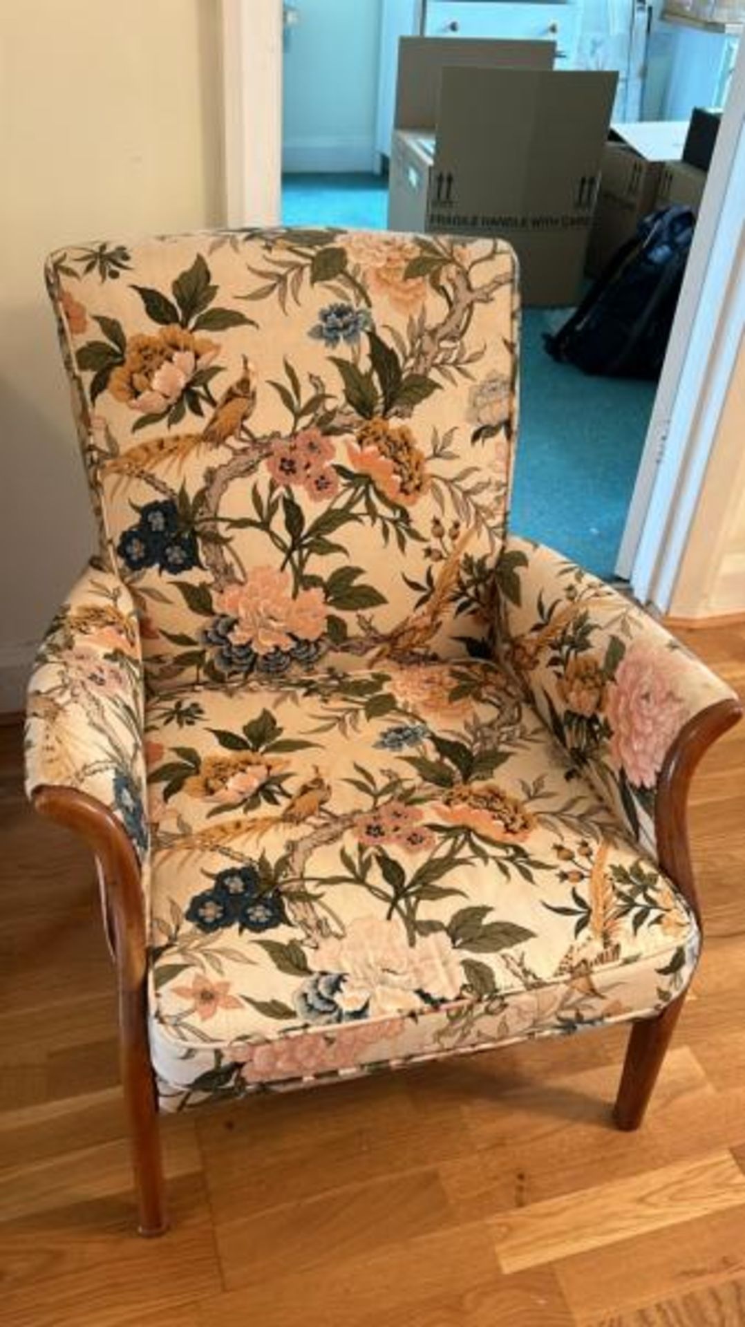 Parker-Knoll upholstered chair decorated with flowers and birds, 56 x 58 x 80cm (collection from