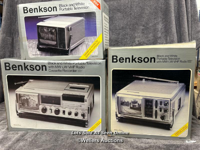 Three vintage Benkson portable B/W televisions including model PTV1 with intergrated tape recorder