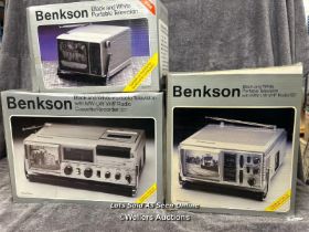 Three vintage Benkson portable B/W televisions including model PTV1 with intergrated tape recorder