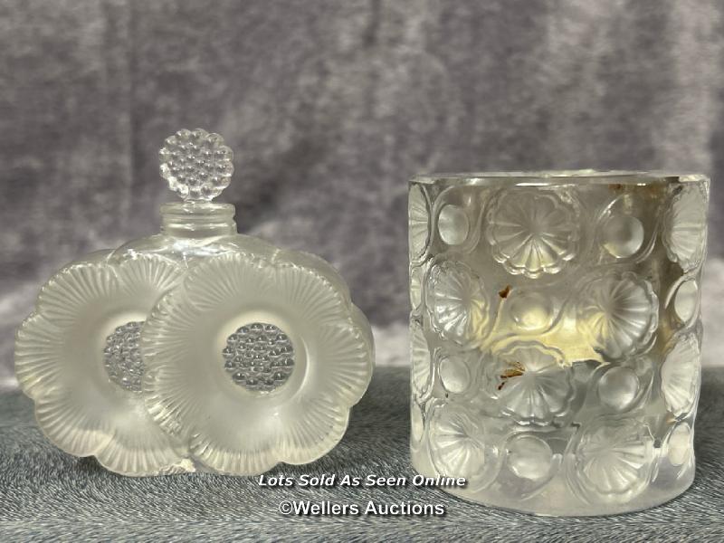Small Lalique 'Two Flowers' perfume bottle (stopper does not come out) with a Lalique candle
