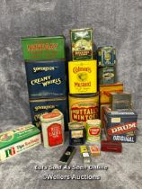 Assorted vintage tins including Sovereign Creamy Whirls, Thornton's Toffee, Nosegay Tobacco and