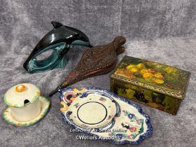 Poole Dolphin, Ivory pottery pot, vintage bellows, decorative tin and Henriot Quimper plate / AN22