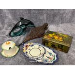 Poole Dolphin, Ivory pottery pot, vintage bellows, decorative tin and Henriot Quimper plate / AN22