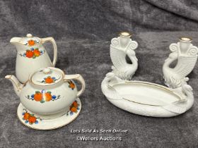 Crown Ducal A1484 pattern jug and teapot with base, pair of Royal Doulton Swan candlesticks and oval