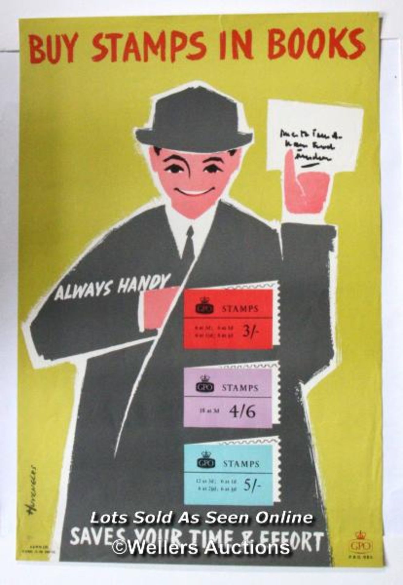 Vintage 1958 G.P.O poster by Huveneers (Pieter born 1925) "Buy Stamps in Books" , PRD 985, 76 x 51