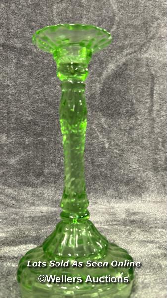 Three green uranium glass candle holders, each 24.5cm high / AN6 - Image 3 of 4