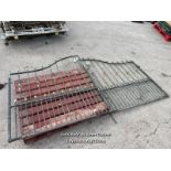 *A PAIR OF WROUGHT IRON DRIVEWAY GATES, 155.5CM (H) X 129CM (W) EACH, WITH EXTRA RAILING PIECE,
