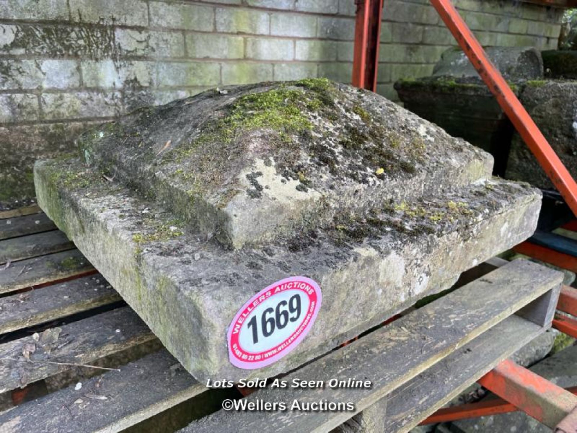 *A LARGE YORK STONE PIER CAP, 30CM (H) X 63CM SQUARE