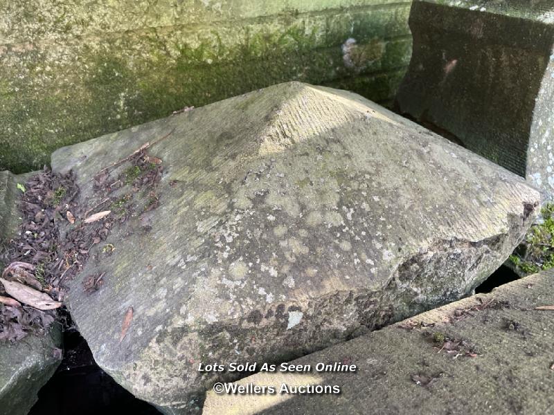 *A PAIR OF YORK STONE PIER CAPS IN PYRAMID FORM, 40CM (H) X 63CM (L) X 54CM (W) - Image 3 of 3