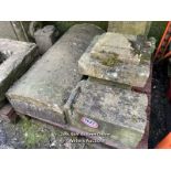 *X5 PIECES OF YORK STONE INCLUDING CORBELS, PART GATE POSTS, LARGEST PIECE 25CM (H) X 116CM (L) X