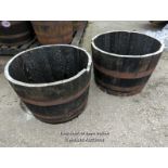 *X2 OAK HALF WHISKY BARRELS, EACH APPROX 64CM (DIA) X 45CM (H), IDEAL GARDEN PLANTERS