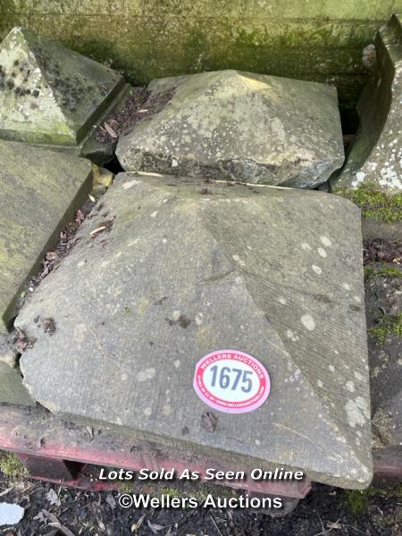 *A PAIR OF YORK STONE PIER CAPS IN PYRAMID FORM, 40CM (H) X 63CM (L) X 54CM (W)