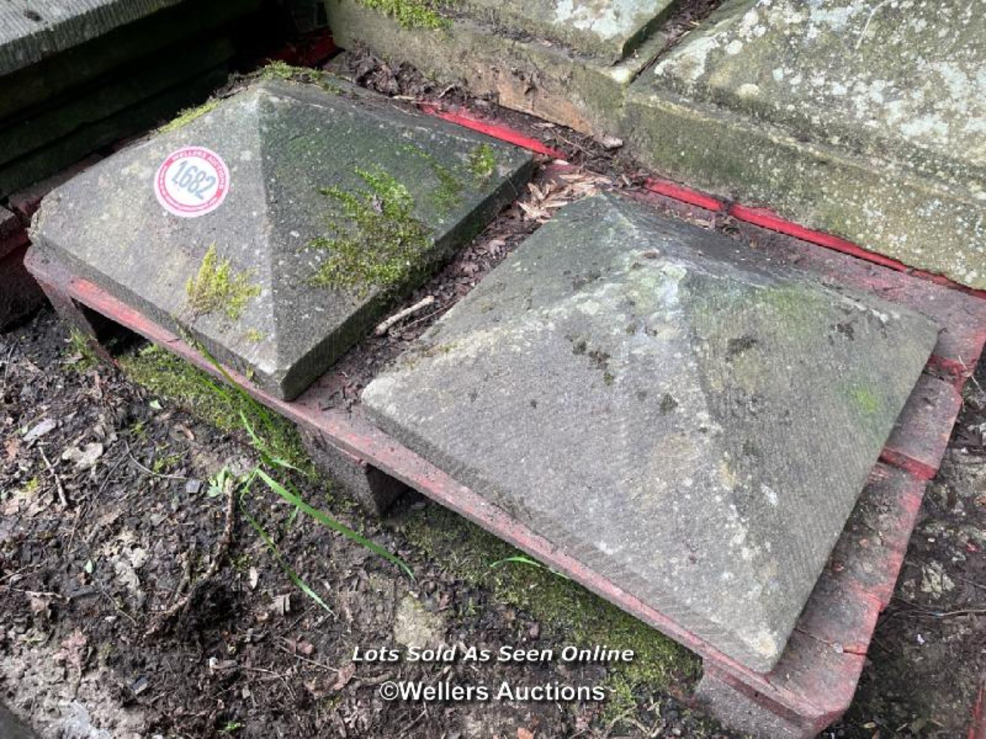 *A PAIR OF YORK STONE PIER CAPS IN PYRAMID FORM, 20CM (H) X 45CM SQUARED