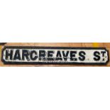 *ORIGINAL 'HARGREAVES ST' CAST IRON STREET SIGN 105CM (L) X 17CM (H)