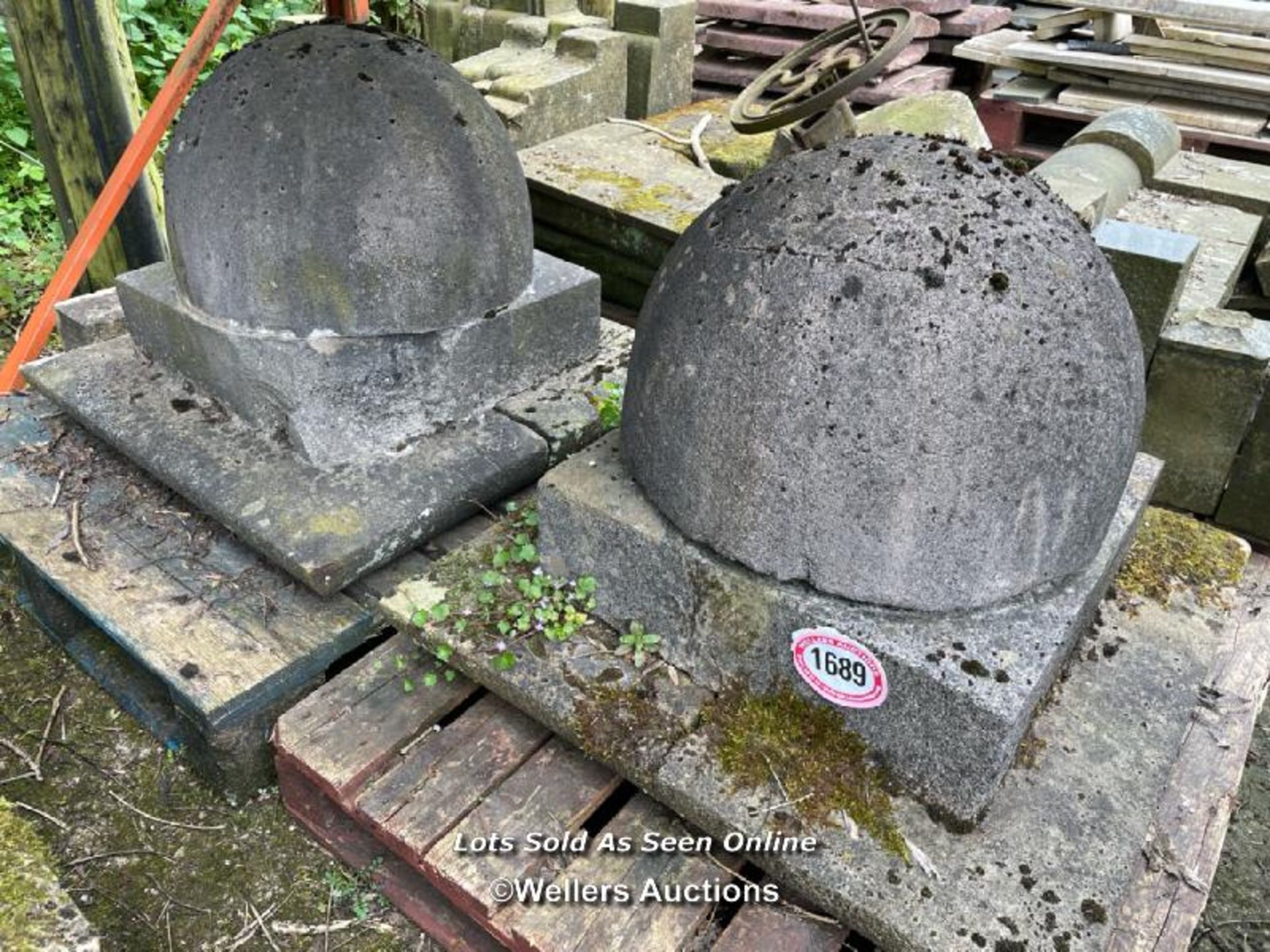 *A PAIR OF HUGE STONE DOME TOP PIER CAPS, 66CM (H) X 86CM SQUARED
