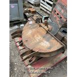 *A LARGE GRINDSTONE IN ORIGINAL CAST IRON HOUSING, TOTAL HEIGHT APPROX. 100CM (H) X 110CM (L) X 80CM