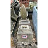 *X3 DECORATIVE STONE PIECES, 1X COMPLETE WITH SPIRE, APPROX. 70CM (H) X 30CM SQUARED